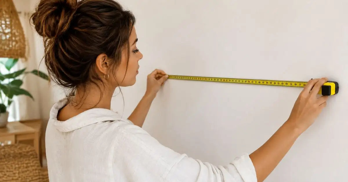 Femme Qui Mesure L'Espace Disponible Pour Mettre Une Etagère En Rotin
