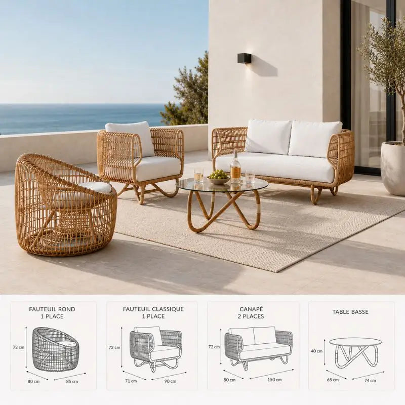 Salon de Jardin en Rotin - 2 fauteuils + 1 canapé + 1 table basse