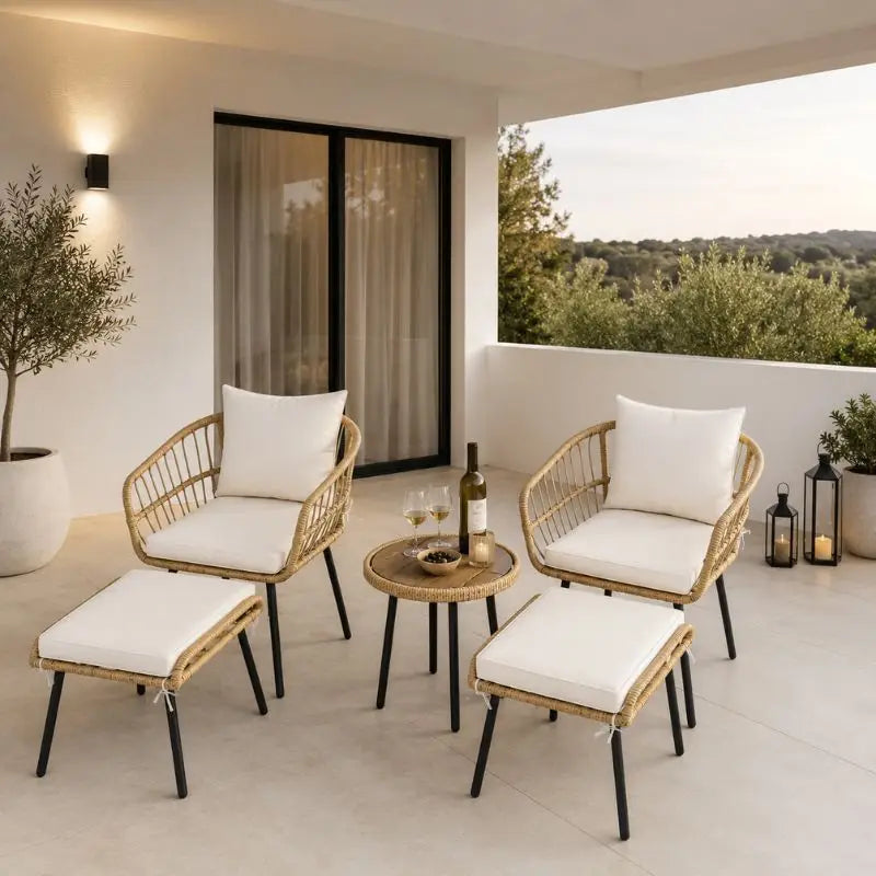 Salon de Jardin Rotin Synthétique - 1 petite table + 2 chaises + 2 tabourets