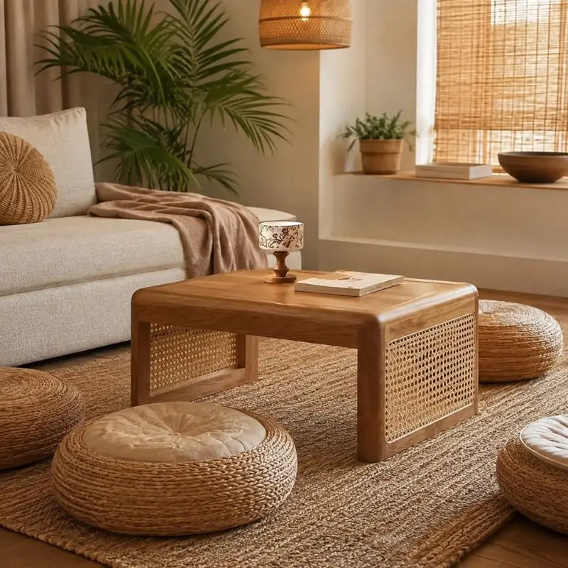 Table Basse en Bois et Rotin Japonaise