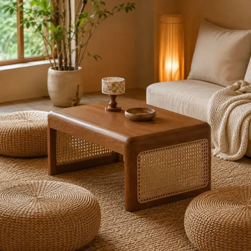 Table Basse en Bois et Rotin Japonaise