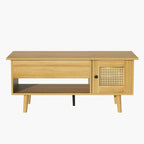 Table Basse en Rotin et Bois Clair - 103 x 46 x 46.5 cm