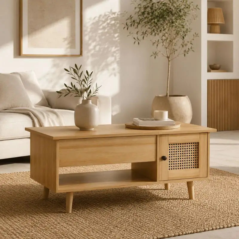 Table Basse en Rotin et Bois Clair - 103 x 46 x 46.5 cm