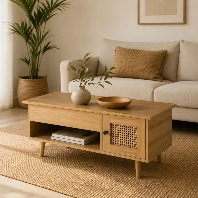 Table Basse en Rotin et Bois Clair - 103 x 46 x 46.5 cm