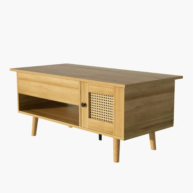 Table Basse en Rotin et Bois Clair - 103 x 46 x 46.5 cm