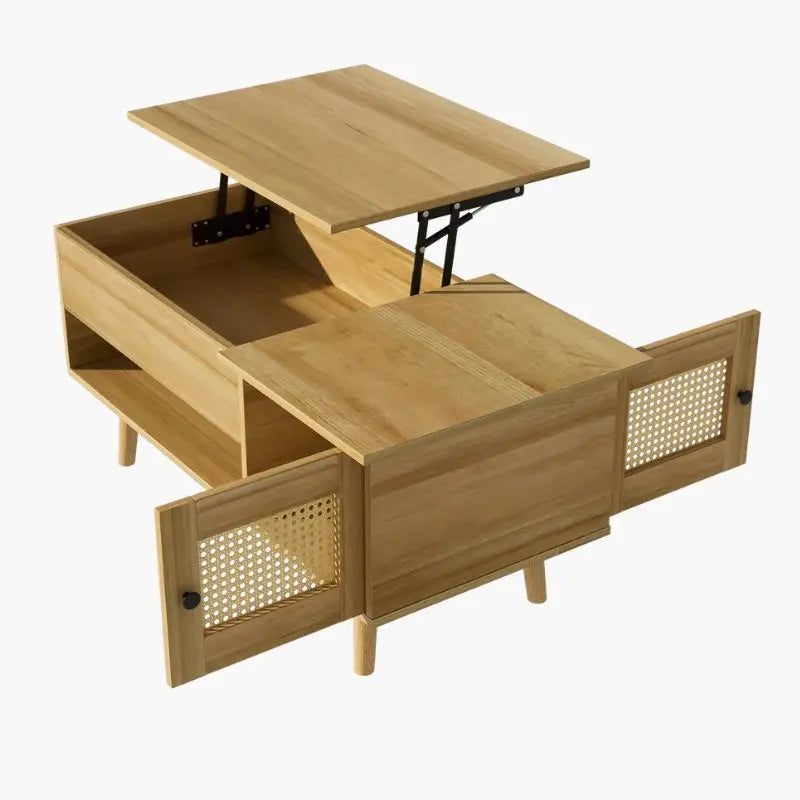 Table Basse en Rotin et Bois Clair - 103 x 46 x 46.5 cm