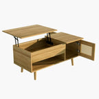 Table Basse en Rotin et Bois Clair - 103 x 46 x 46.5 cm