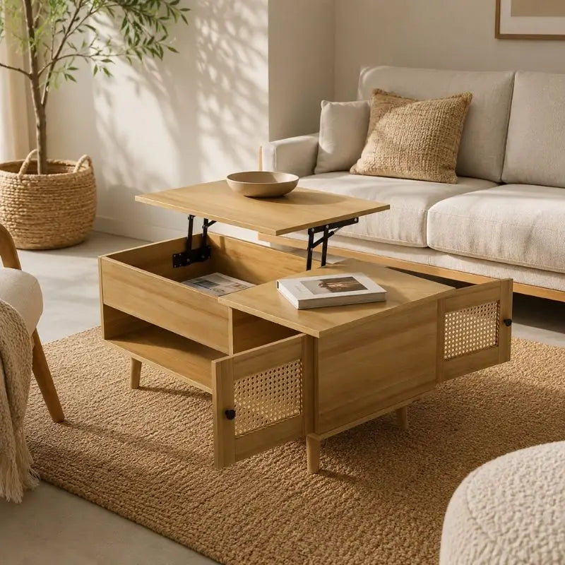 Table Basse en Rotin et Bois Clair - 103 x 46 x 46.5 cm