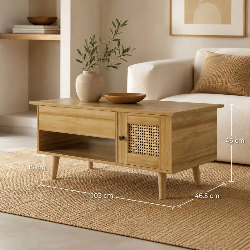 Table Basse en Rotin et Bois Clair - 103 x 46 x 46.5 cm