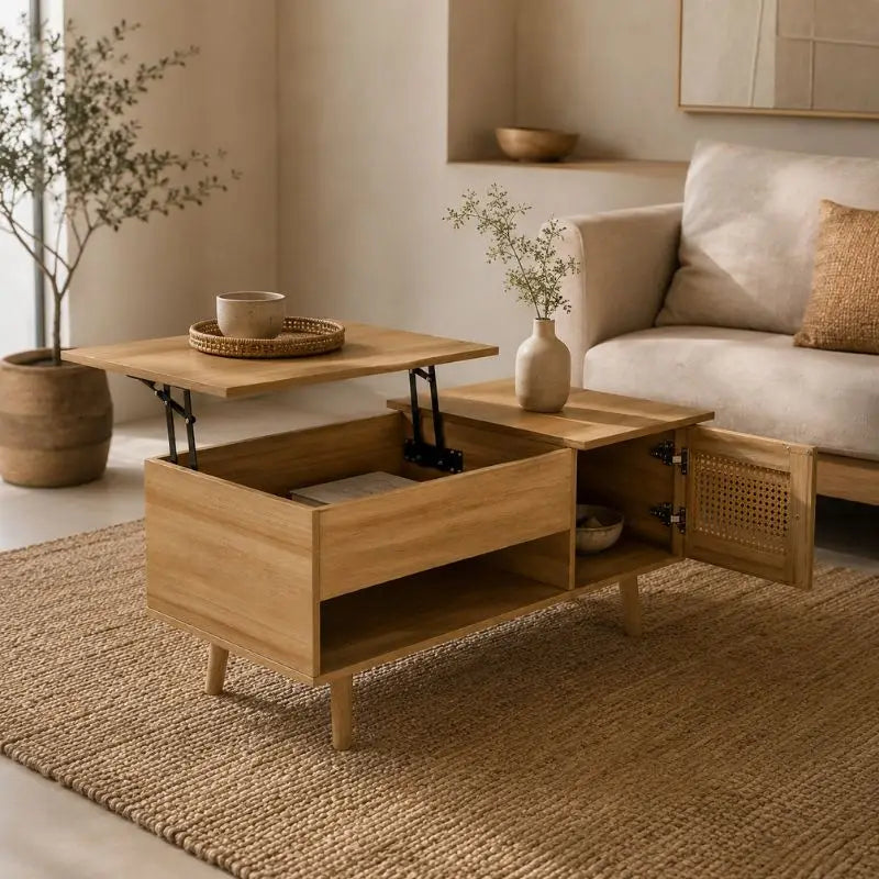 Table Basse en Rotin et Bois Clair - 103 x 46 x 46.5 cm