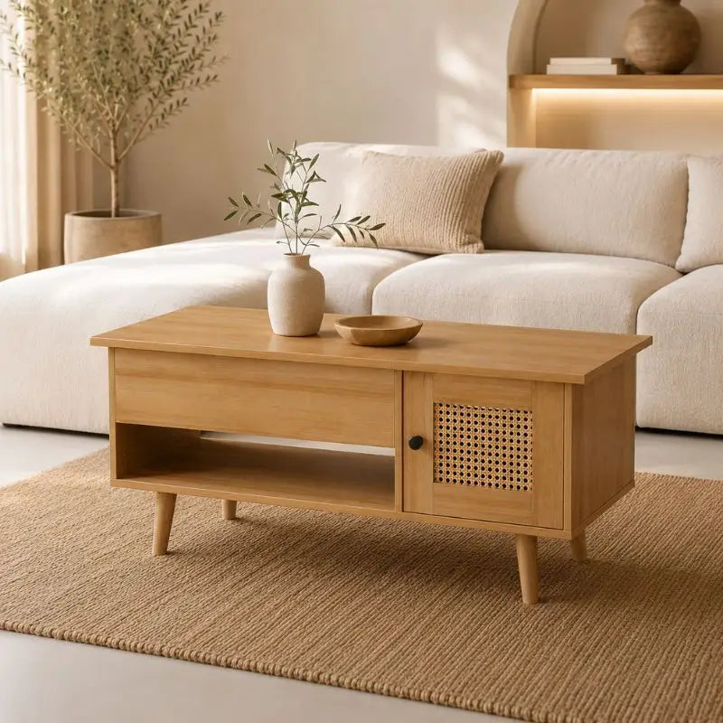 Table Basse en Rotin et Bois Clair - 103 x 46 x 46.5 cm