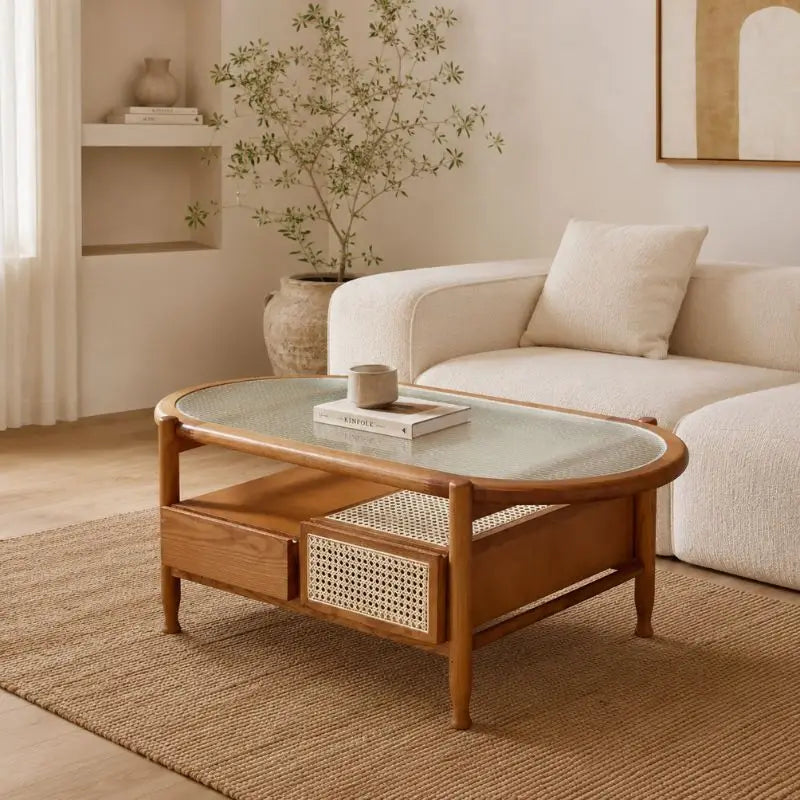 Table Basse en Rotin et Bois Massif