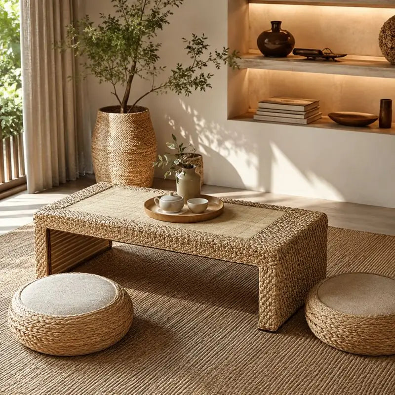 Table Basse en Rotin Japonaise - 100 x 50 x 38 cm