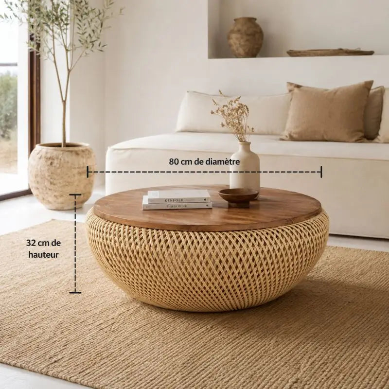 Table Basse Haut Gamme en Rotin - 80 x 32 cm