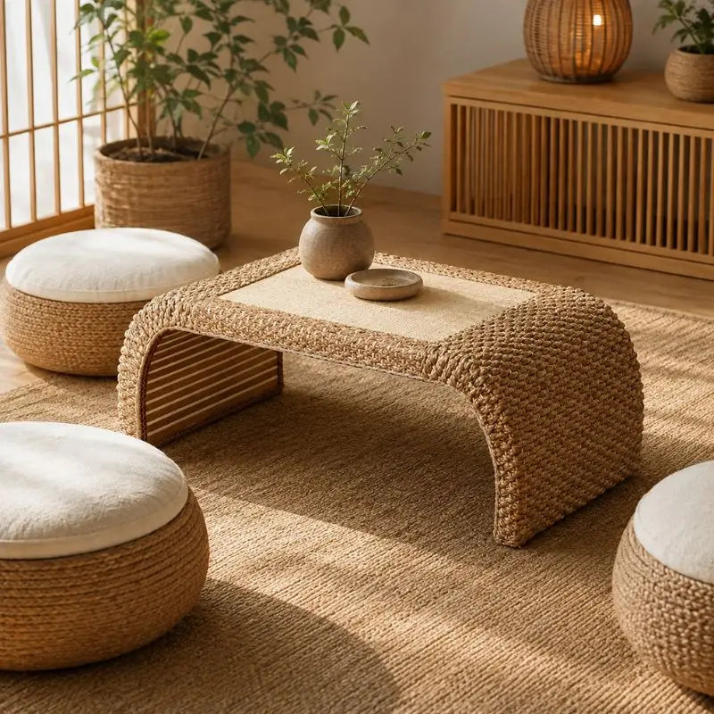 Table Basse Japonaise en Rotin - 100 x 50 x 38 cm