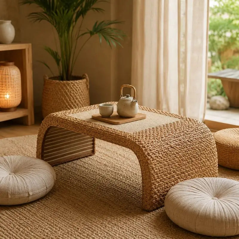 Table Basse Japonaise en Rotin - 100 x 50 x 38 cm