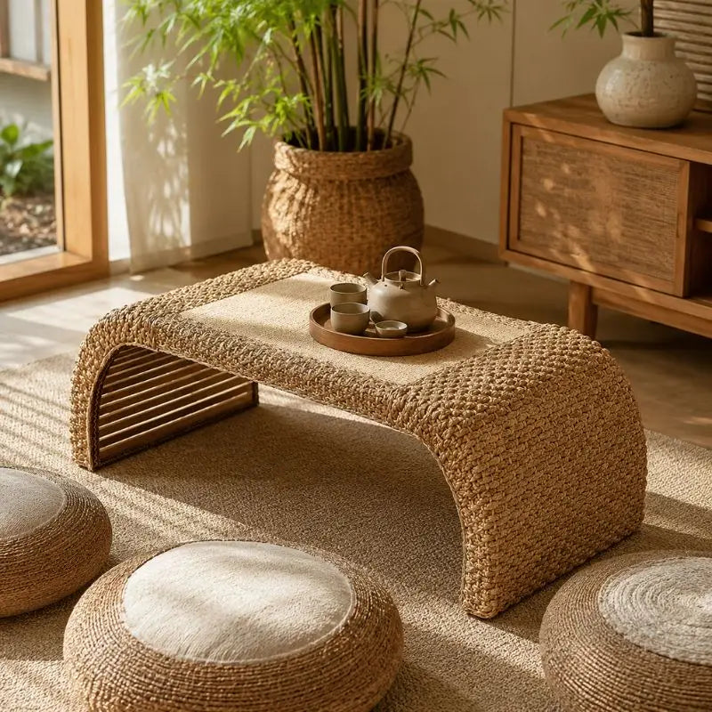 Table Basse Japonaise en Rotin - 100 x 50 x 38 cm