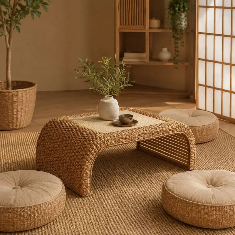 Table Basse Japonaise en Rotin - 100 x 50 x 38 cm