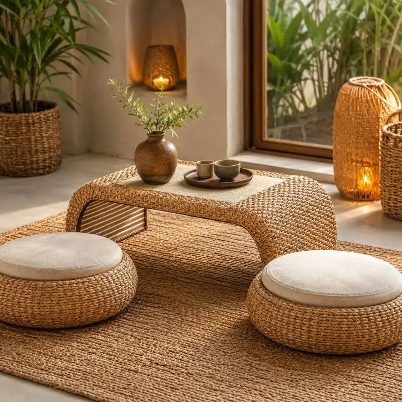 Table Basse Japonaise en Rotin - 100 x 50 x 38 cm