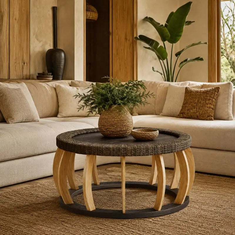 Table Basse Ronde Rotin et Bois Massif - Noir