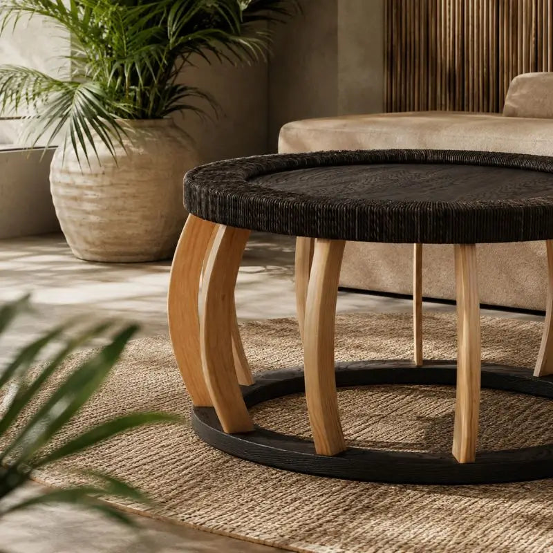 Table Basse Ronde Rotin et Bois Massif - Noir