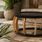 Table Basse Ronde Rotin et Bois Massif - Noir