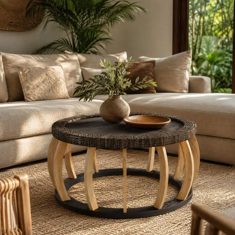 Table Basse Ronde Rotin et Bois Massif - Noir
