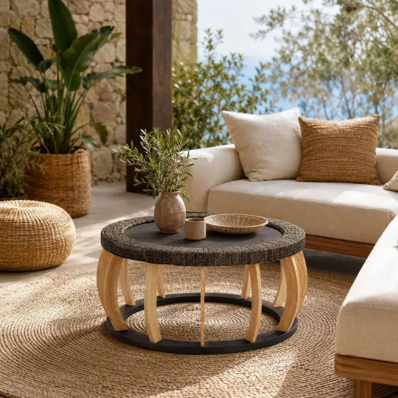Table Basse Ronde Rotin et Bois Massif - Noir