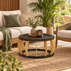 Table Basse Ronde Rotin et Bois Massif - Noir