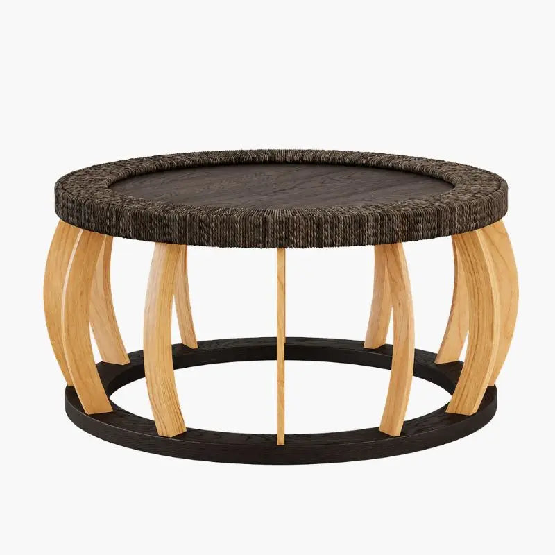 Table Basse Ronde Rotin et Bois Massif - Noir