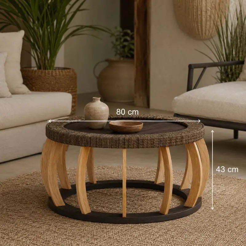 Table Basse Ronde Rotin et Bois Massif - Noir