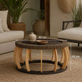 Table Basse Ronde Rotin et Bois Massif - Noir