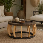 Table Basse Ronde Rotin et Bois Massif - Noir