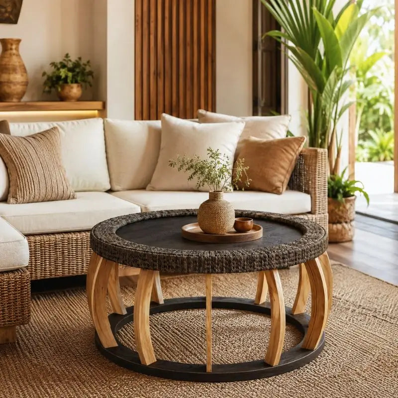 Table Basse Ronde Rotin et Bois Massif - Noir
