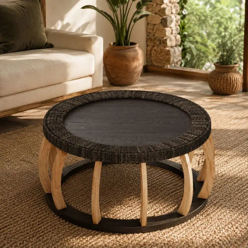 Table Basse Ronde Rotin et Bois Massif - Noir