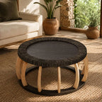 Table Basse Ronde Rotin et Bois Massif - Noir