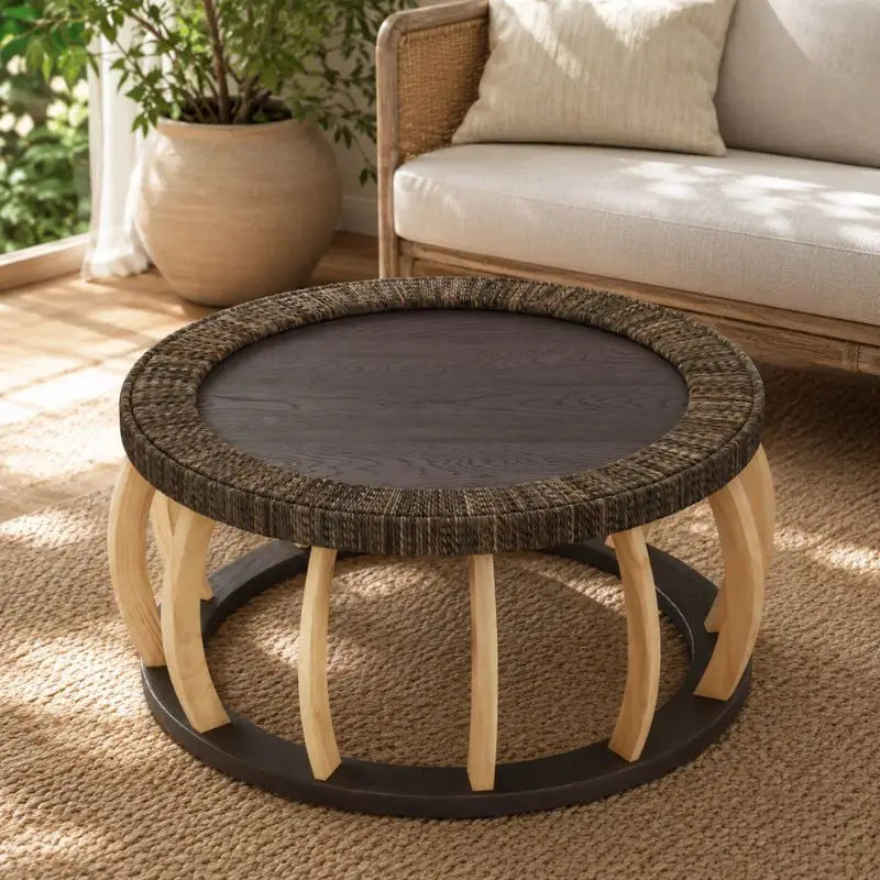 Table Basse Ronde Rotin et Bois Massif - Noir