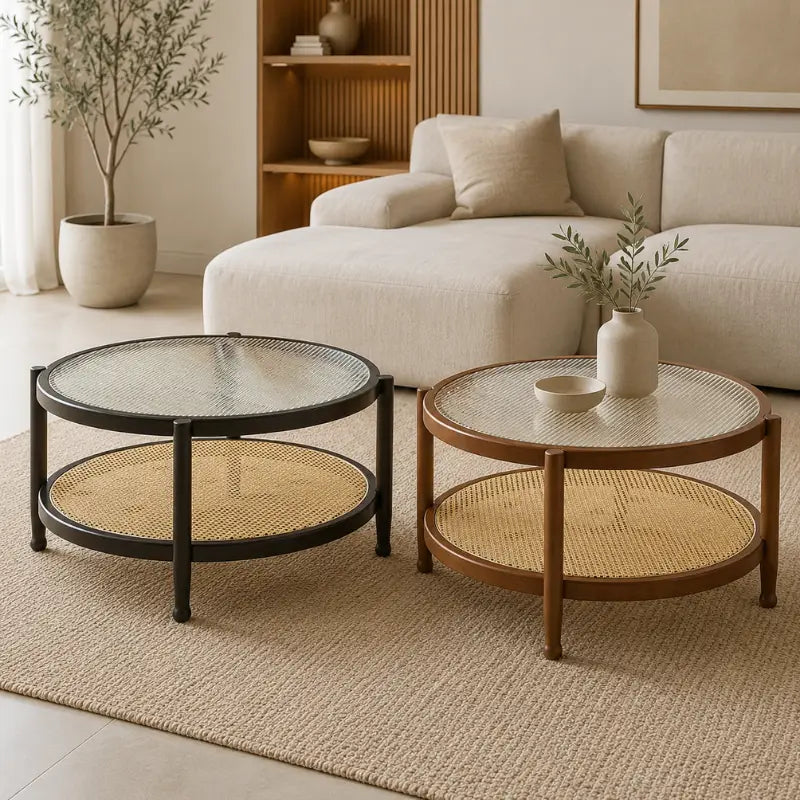 Table Basse Rotin et Verre