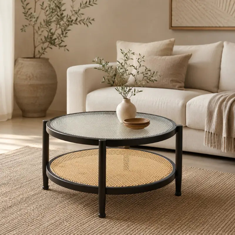 Table Basse Rotin et Verre