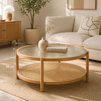 Table Basse Rotin et Verre - Beige