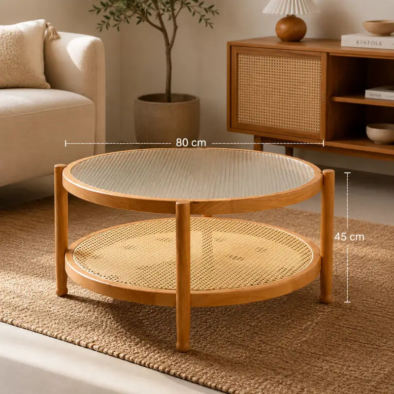 Table Basse Rotin et Verre - Marron clair