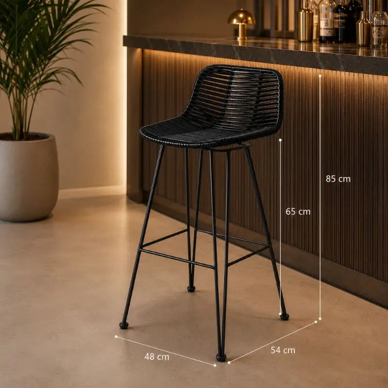 Tabouret de Bar en Rotin et Métal - 48 x 54 x 65 cm